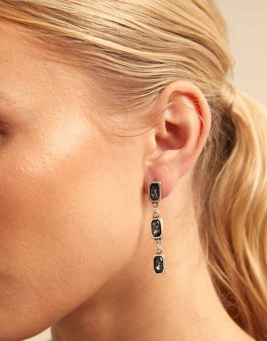 Drop earrings with gray crystals, Silver, large