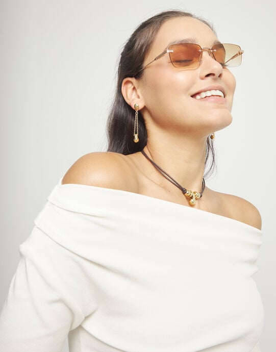 Drop earrings with long chain and sphere, Golden, large