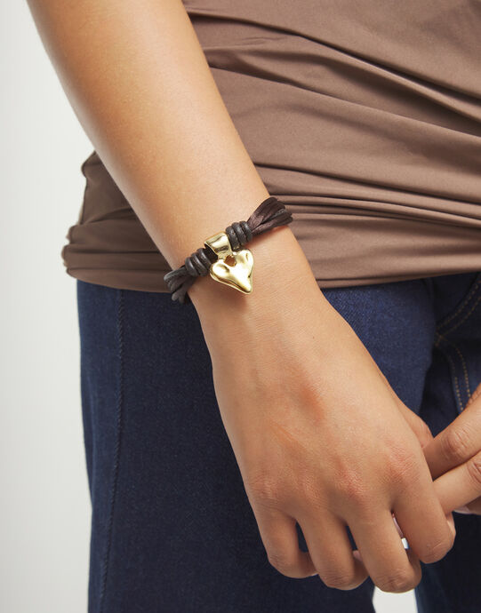 Bracelet in silk thread and brown leather with heart, Golden, large