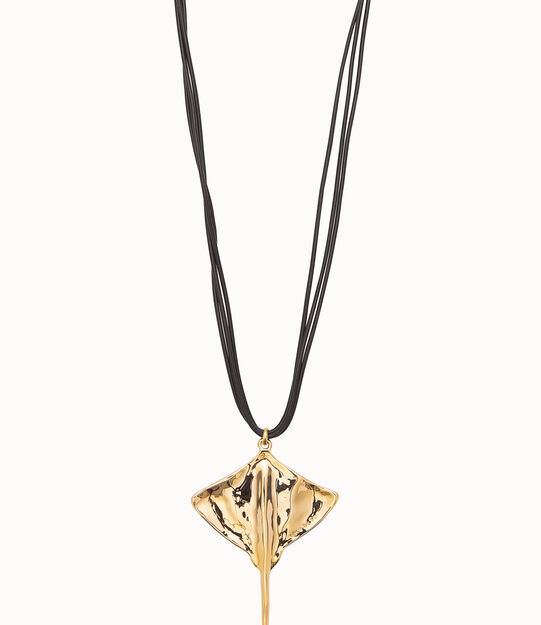 Leather and 18K gold-plated pendant with manta ray