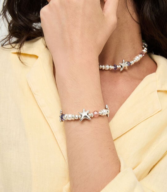 Elastic bracelet with multicolored crystals and starfish, Silver, large