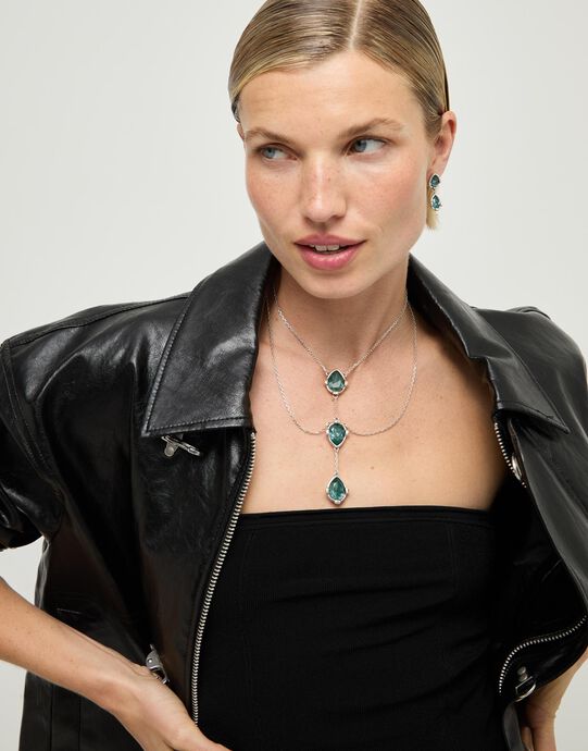 Double necklace with three drop-shaped pendants featuring green faceted crystals, Silver, large