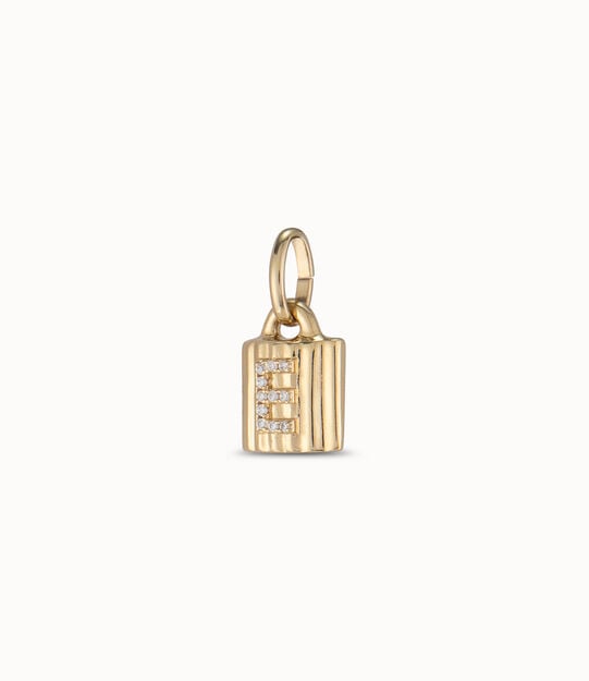 18K gold-plated padlock charm with topaz letter E, Golden, large