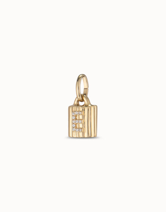 Charm candado ba&ntilde;ado en oro de 18K ley con letra de topacios E, Dorado, large
