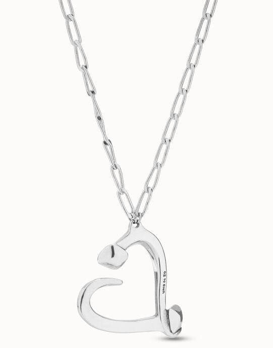 Long link chain pendant necklace with a heart, Silver, large