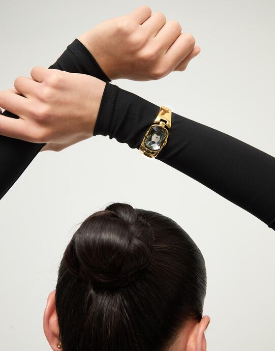 Rigid bracelet with a rectangular grey faceted crystal, Golden, large