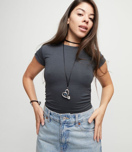 Collier long en forme de cordon effet soie et c&oelig;ur plaqu&eacute; argent et cristal bleu, Argent, large