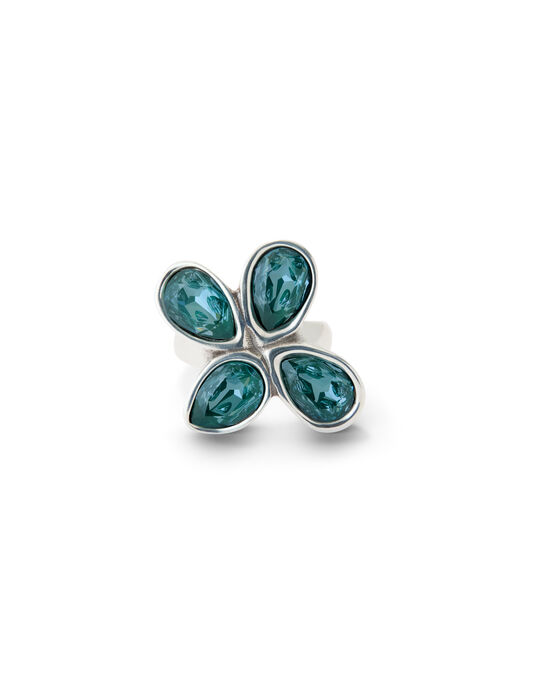 Ring with four green drop-shaped faceted crystals
