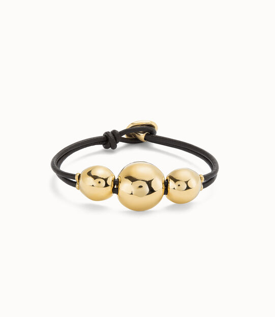Pulsera de cuero con tres bolas grandes bañadas en oro 18k