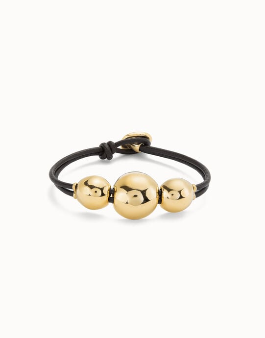 Bracelet en cuir avec trois grandes boules centrales plaqu&eacute;es or 18 carats