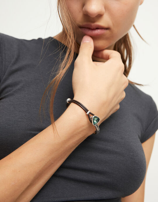 Bangle bracelet with leather and green crystal, Silver, large