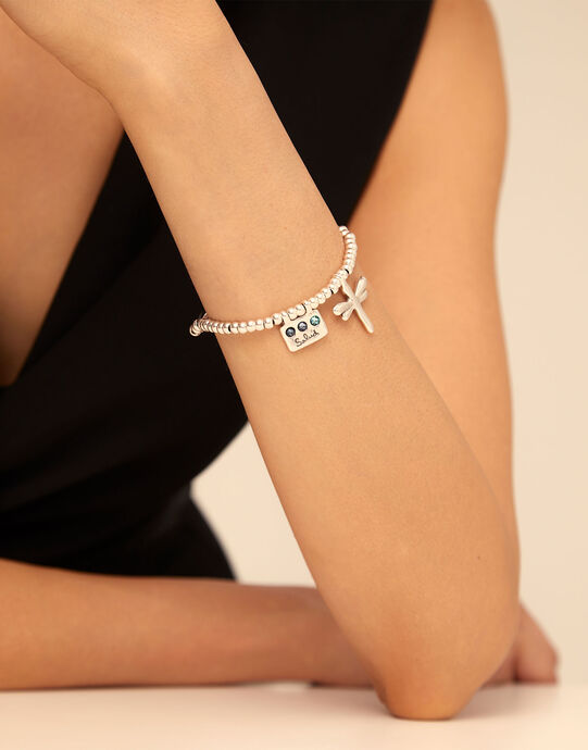 Beaded stretch bracelet with a dragonfly charm, Silver, large