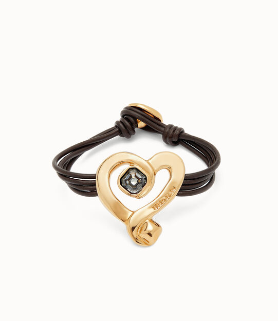 Pulsera de cuero con corazón bañado en oro 18k con cristal negro