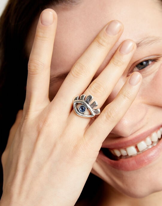 Anillo ba&ntilde;ado en plata de ley en forma de ojo con cristal facetado azul, Plateado, large