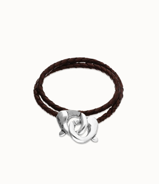 Pulsera de cuero doble marrón con mosquetón entrelazado en plata