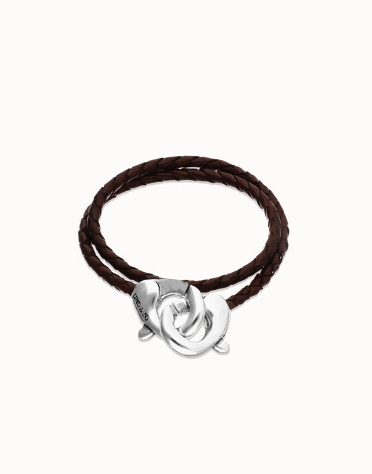 Pulsera de cuero doble marr&oacute;n con mosquet&oacute;n entrelazado en plata
