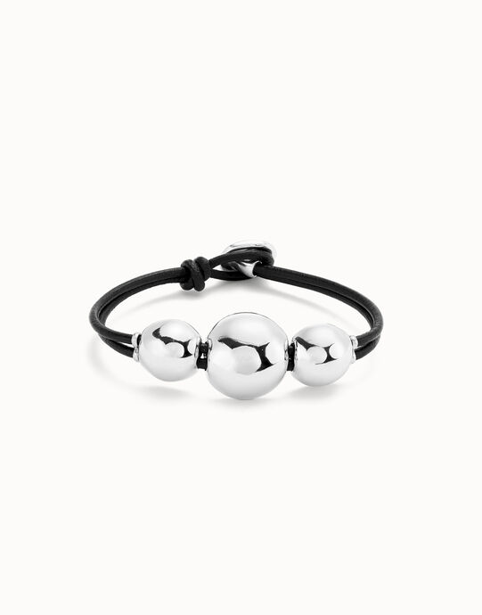 Pulsera de cuero con tres bolas grandes ba&ntilde;adas en plata de ley