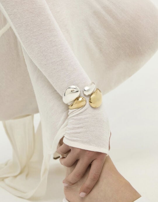 Bangle bracelet with two irregular drops, Silver, large