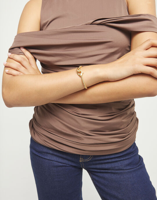 Pulsera de bolas peque&ntilde;as ba&ntilde;ada en plata con mosquet&oacute;n entrelazado, Dorado, large