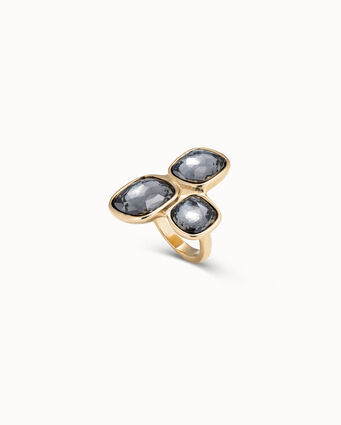 18K gold-plated ring with 3 gray crystals