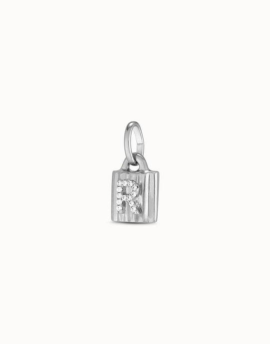 Charm candado ba&ntilde;ado en plata de ley con letra de topacios R, Plateado, large
