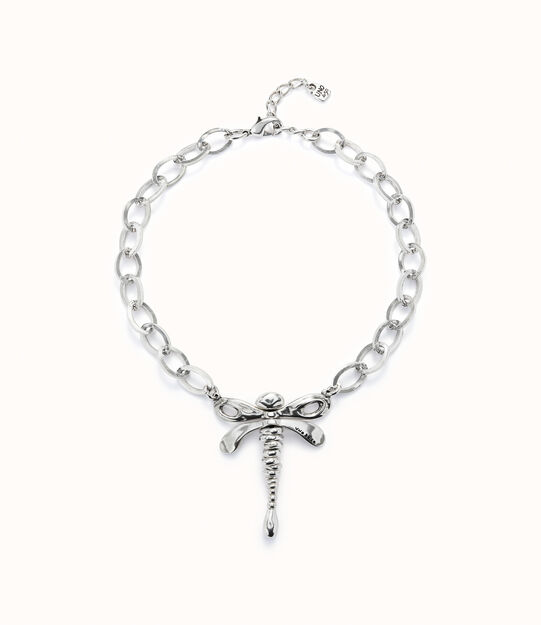 Sterling silver-plated chain necklace with central dragonfly