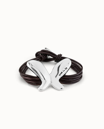 5 leather strap bracelet with sterling silver-plated central butterfly and button clasp