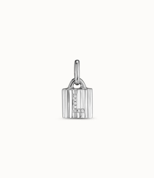 Charm candado bañado en plata de ley con letra de topacios L