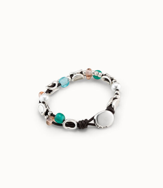 Bracelet en cuir avec maillons plaqu&eacute;s argent et cristaux artisanaux, , large