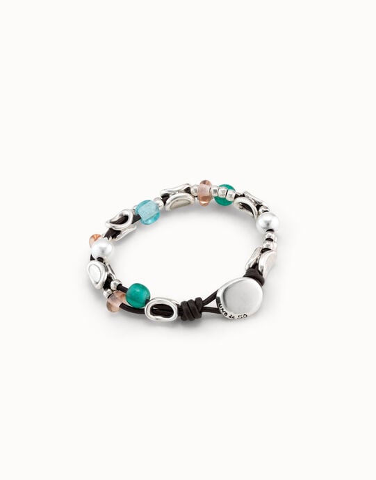 Beaded leather bracelet with crystals, , large