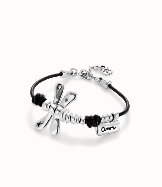 Pulsera de cuero con libélula bañado en plata de ley