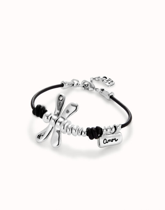 Pulsera de cuero con lib&eacute;lula ba&ntilde;ado en plata de ley
