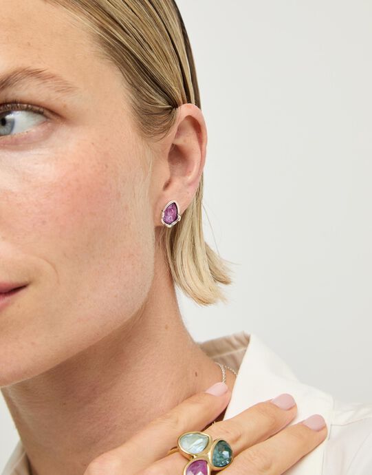 Earrings with a pink drop-shaped faceted crystal, Silver, large