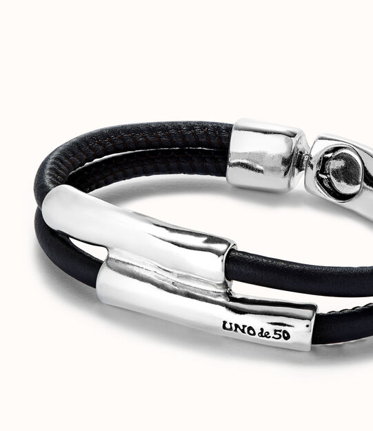 Pulsera doble cuero marron con dos tubos bañada en plata de ley