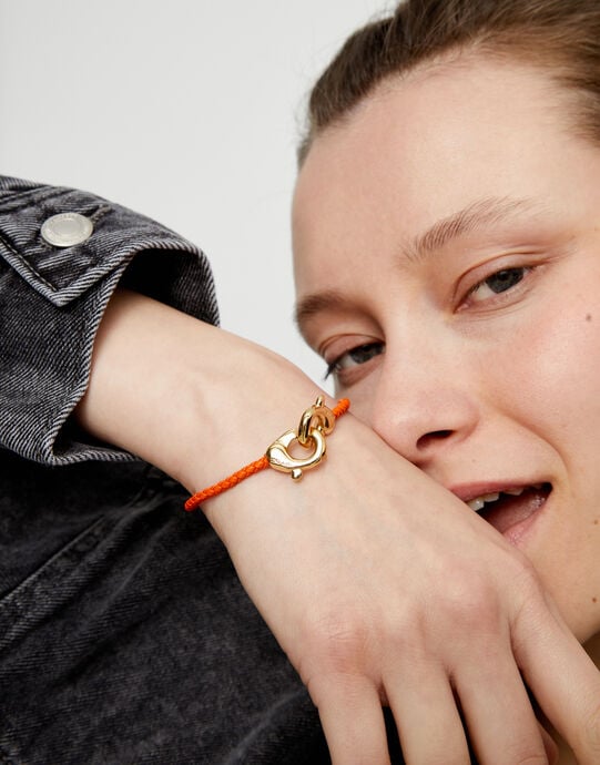 Orange leather bracelet with interlocking carabiner, Golden, large