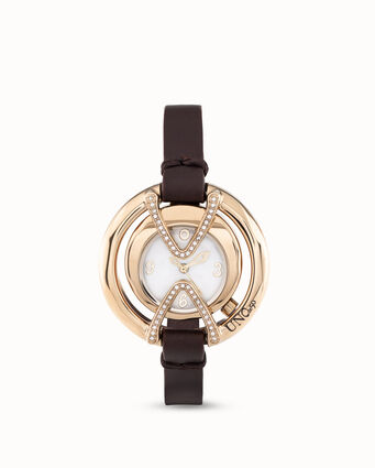 18K gold-plated watch with black leather strap and round dial with topaz