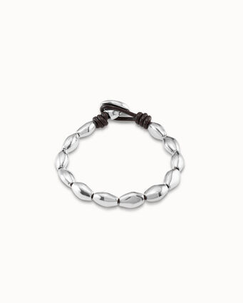 Sterling silver-plated and leather bracelet with oval accessory