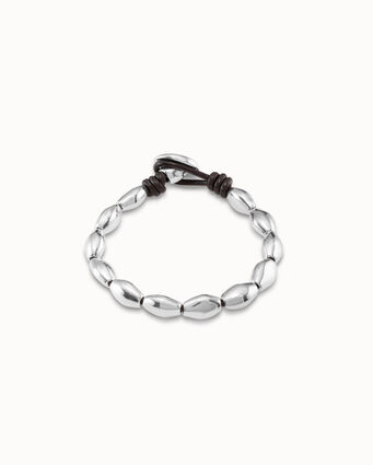 Pulsera bañada en plata de ley y cuero con fornitura ovalada