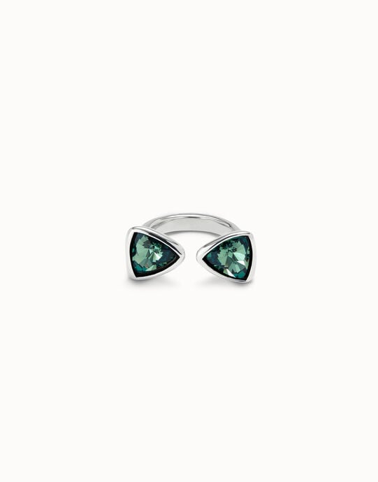 Bague plaqu&eacute; argent avec deux cristaux verts de forme triangulaire
