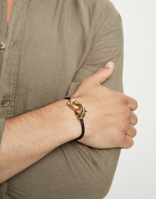 Black leather bracelet with interlocking carabiner, Golden, large