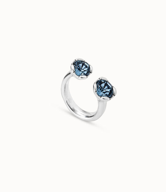 Anillo bañados en plata de ley con dos cristales azules enfrentados