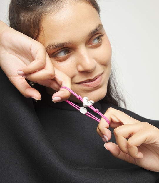 Bracelet en fil elastique rose avec c&oelig;ur plaqu&eacute; argent sterling, Argent, large