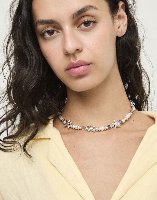 Short necklace with crystals and small starfishes, Silver, large