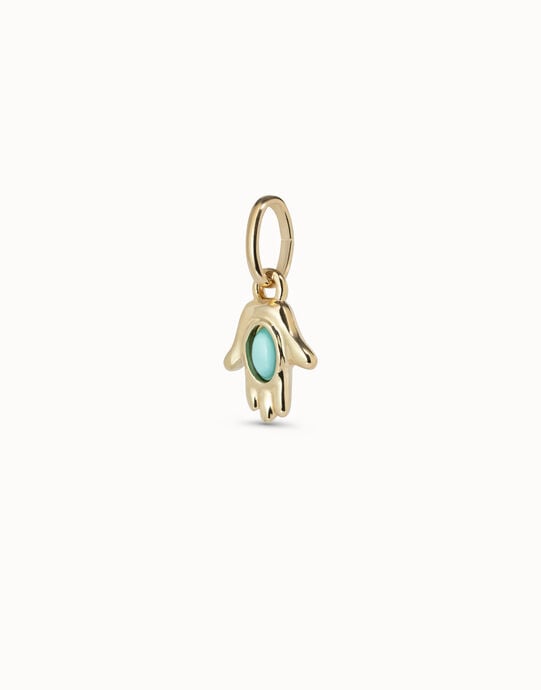 Hand shaped charm with turquoise murano glass, Golden, large