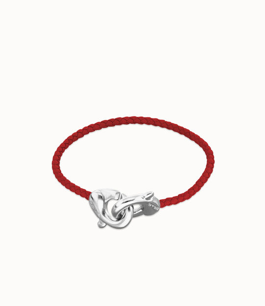 Pulsera de cuero rojo con mosquetón entrelazado en plata