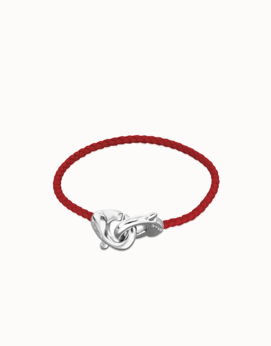 Pulsera de cuero rojo con mosquet&oacute;n entrelazado en plata