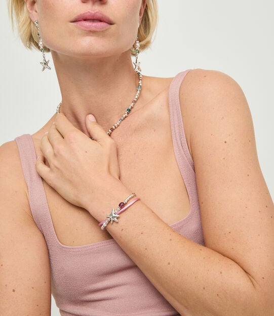 Pink silk thread and metal bracelet with starfish, Silver, large