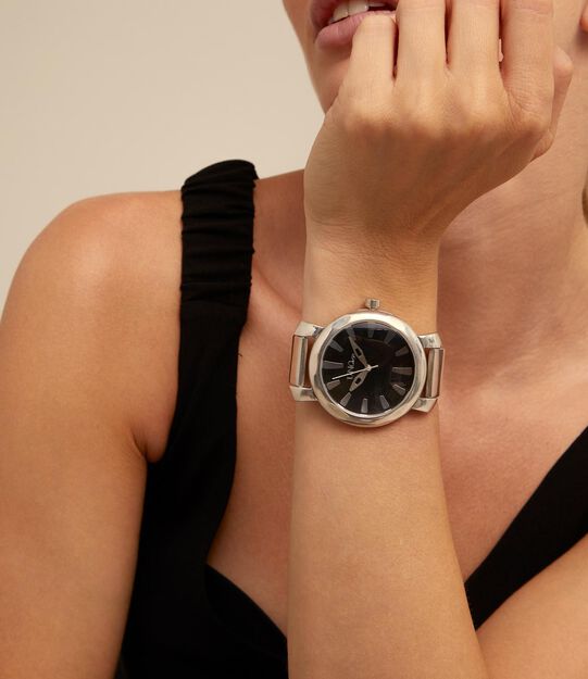 Silver plated watch with black dial, Silver, large