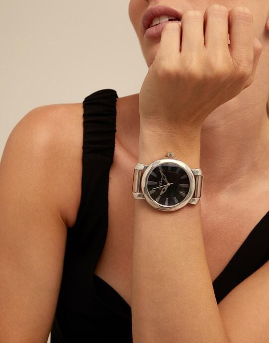 Reloj ba&ntilde;ado en plata con esfera negra, Plateado, large