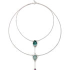 Double necklace with three drop-shaped pendants featuring multicoloured faceted crystals